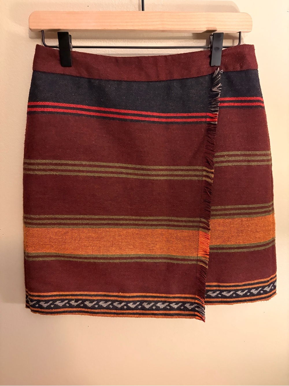 LOFT Burgundy Striped Wrap Midi Skirt with Mustard and Olive Accents
